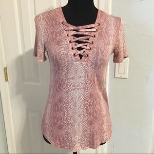 Mudd Pink Snakeskin Print Lace Up Front T-Shirt
